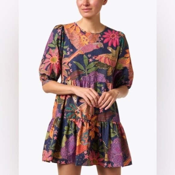 FARM RIO Navy Blue Cool Macaw Tiered Organic Cotton Mini Dress XL - Picture 5 of 6
